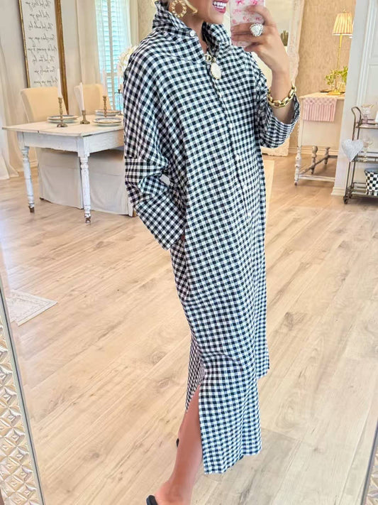 Seersucker Gingham long maxi shirt dress