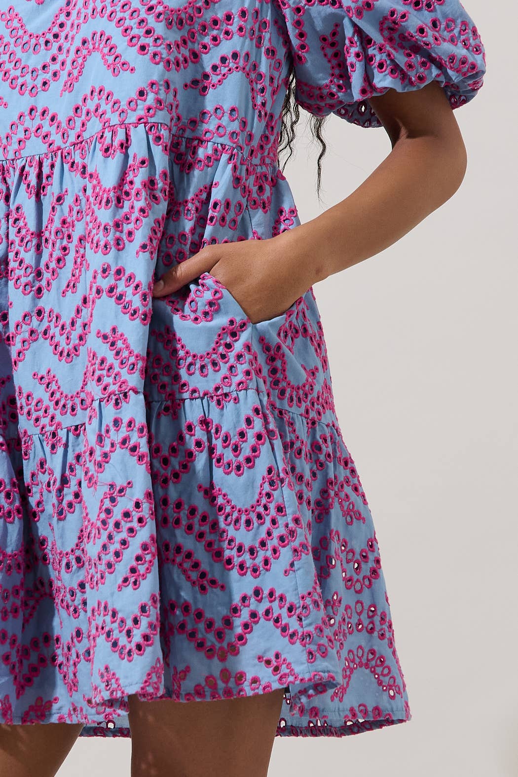Blue and Fuchsia Baby Doll Mini Dress Eyelet