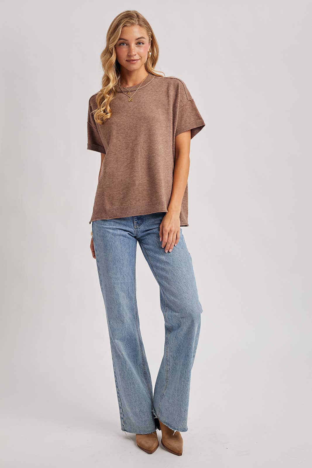 CREW NECK KNIT T-SHIRT Mocha or Cream