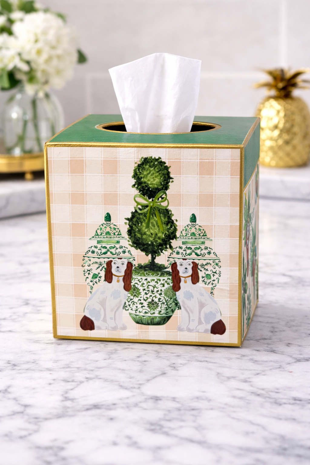 Kleenex Box, 2 staffordshire dogs and topiary tree, brown