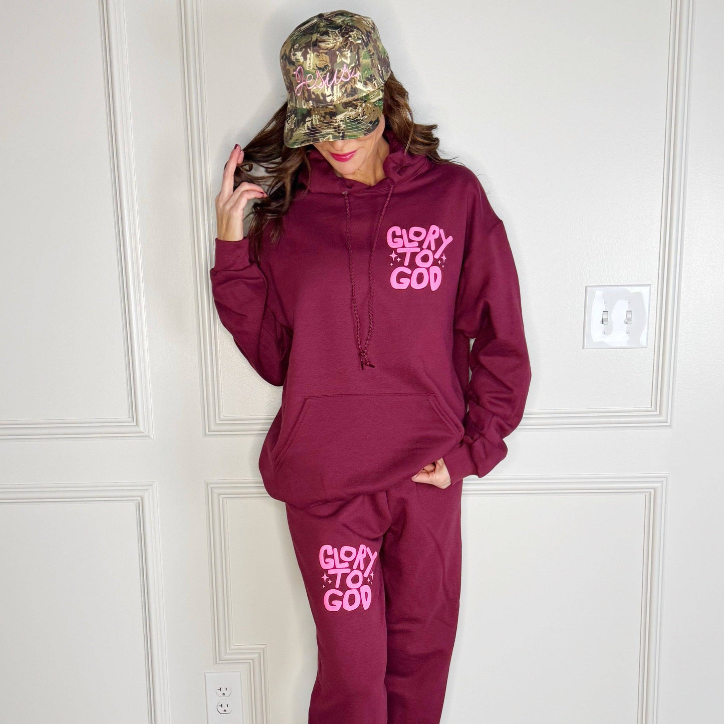 Puff Glory to God Maroon Hoodie and sweatpants set