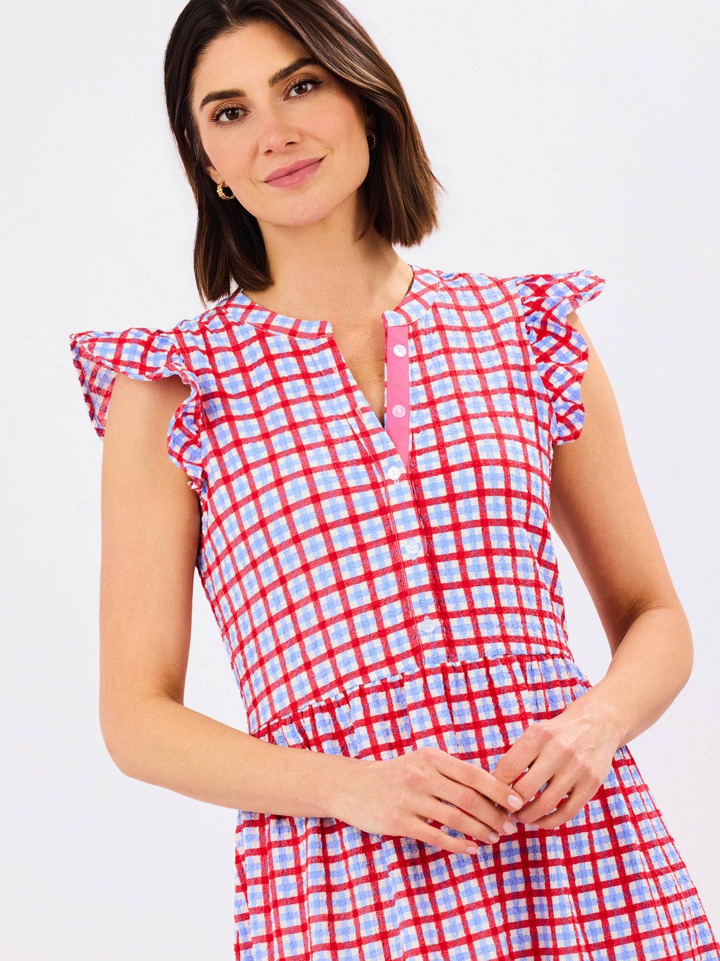 Riley Flutter Sleeve Dress | Gingham Red + Blue