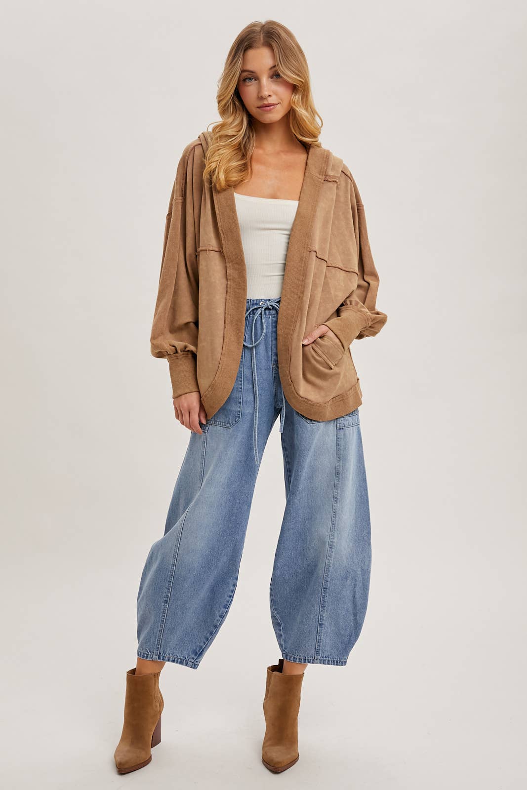 DENIM MID-WAIST DRAWSTRINGS BARREL JEANS