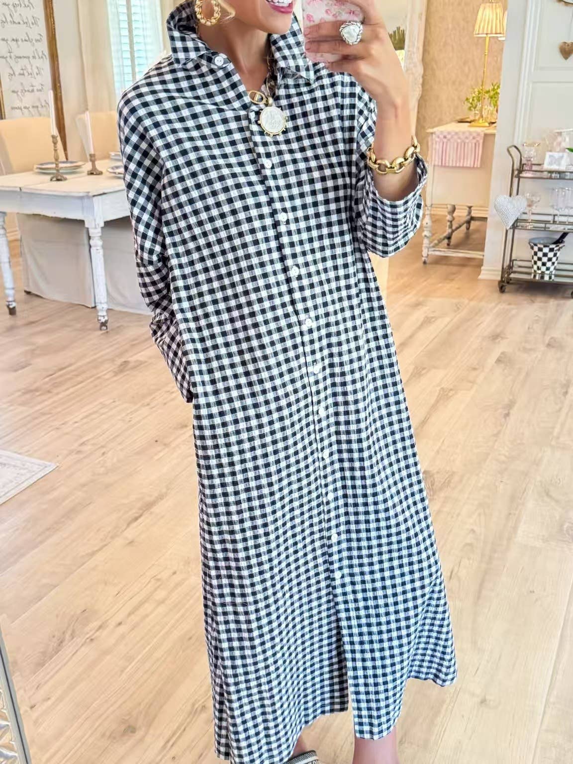 Seersucker Gingham long maxi shirt dress