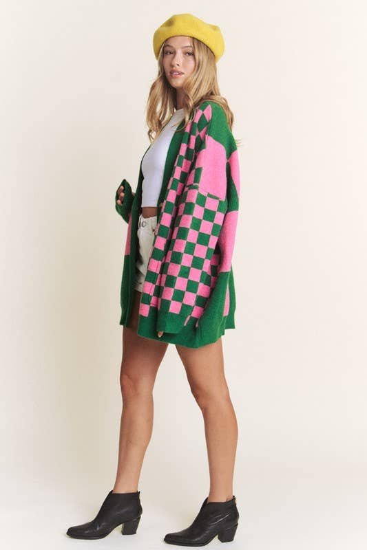 BUTTON DOWN LONG SLEEVE CHECKERED OVERSIZED CARDIGAN