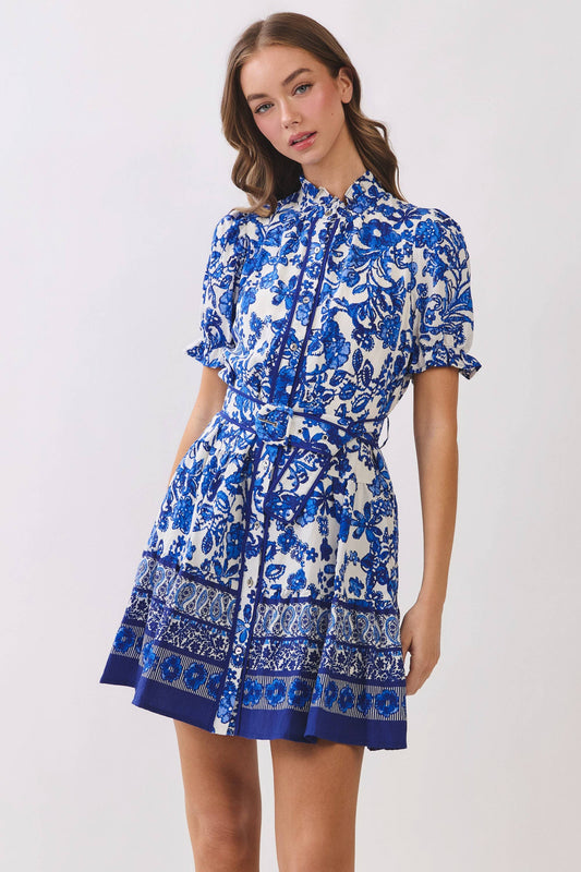 Blue Floral Print Removable Belted Dress