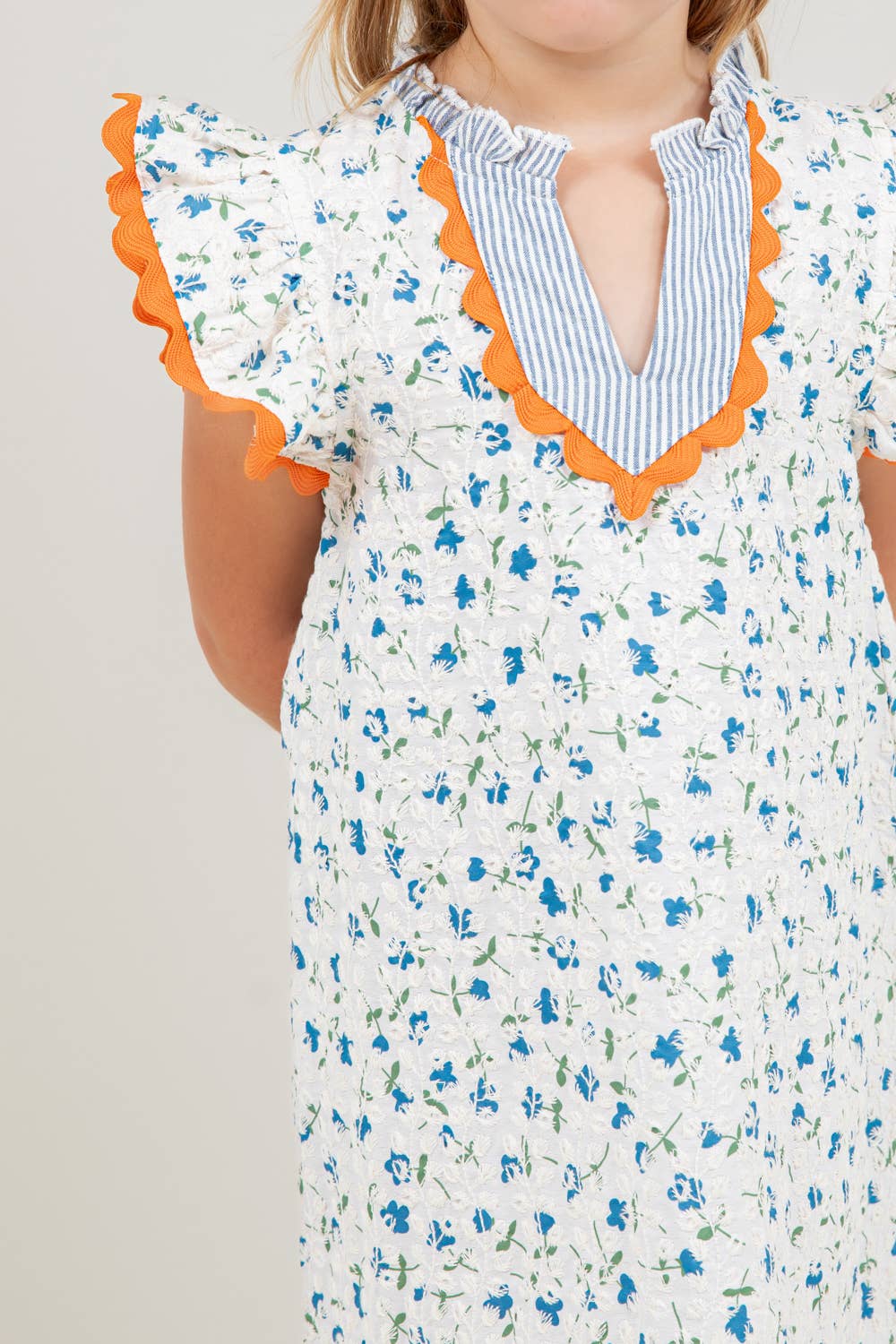 Girls Fall Floral Embroidered Striped Color Block Dress