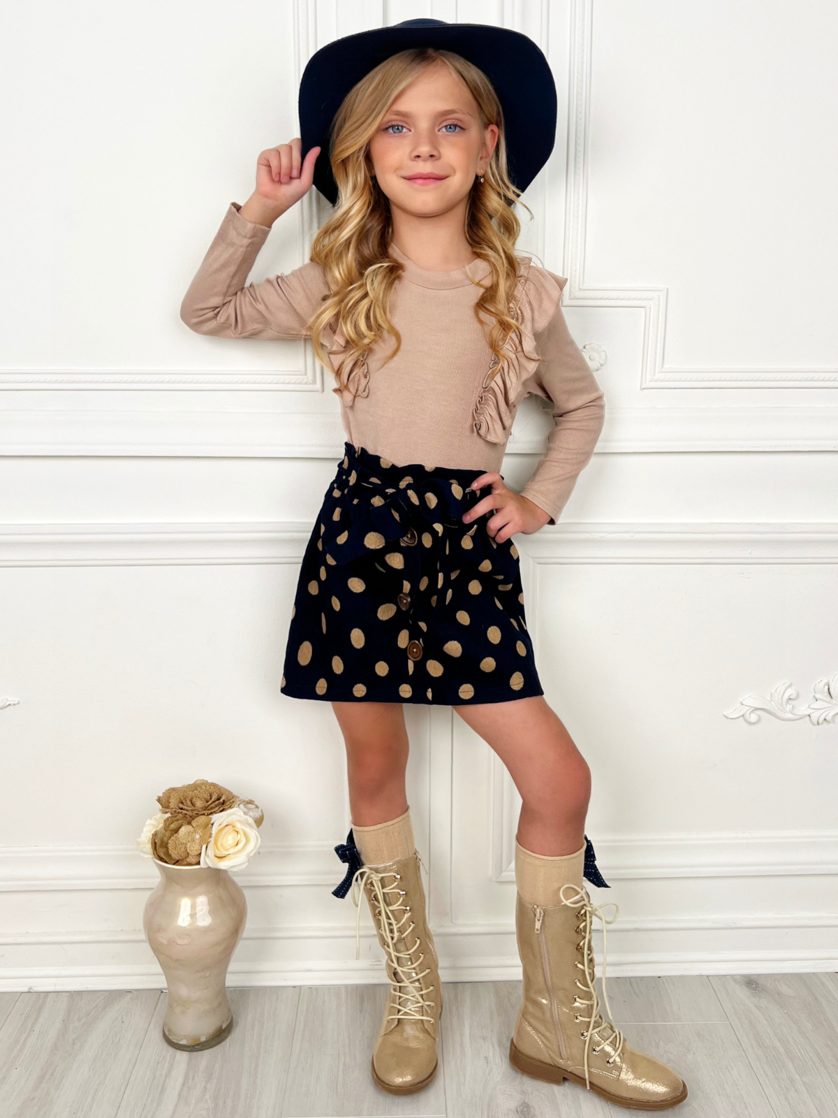 Autumn Dot Ruffled Top and Corduroy Skirt Set