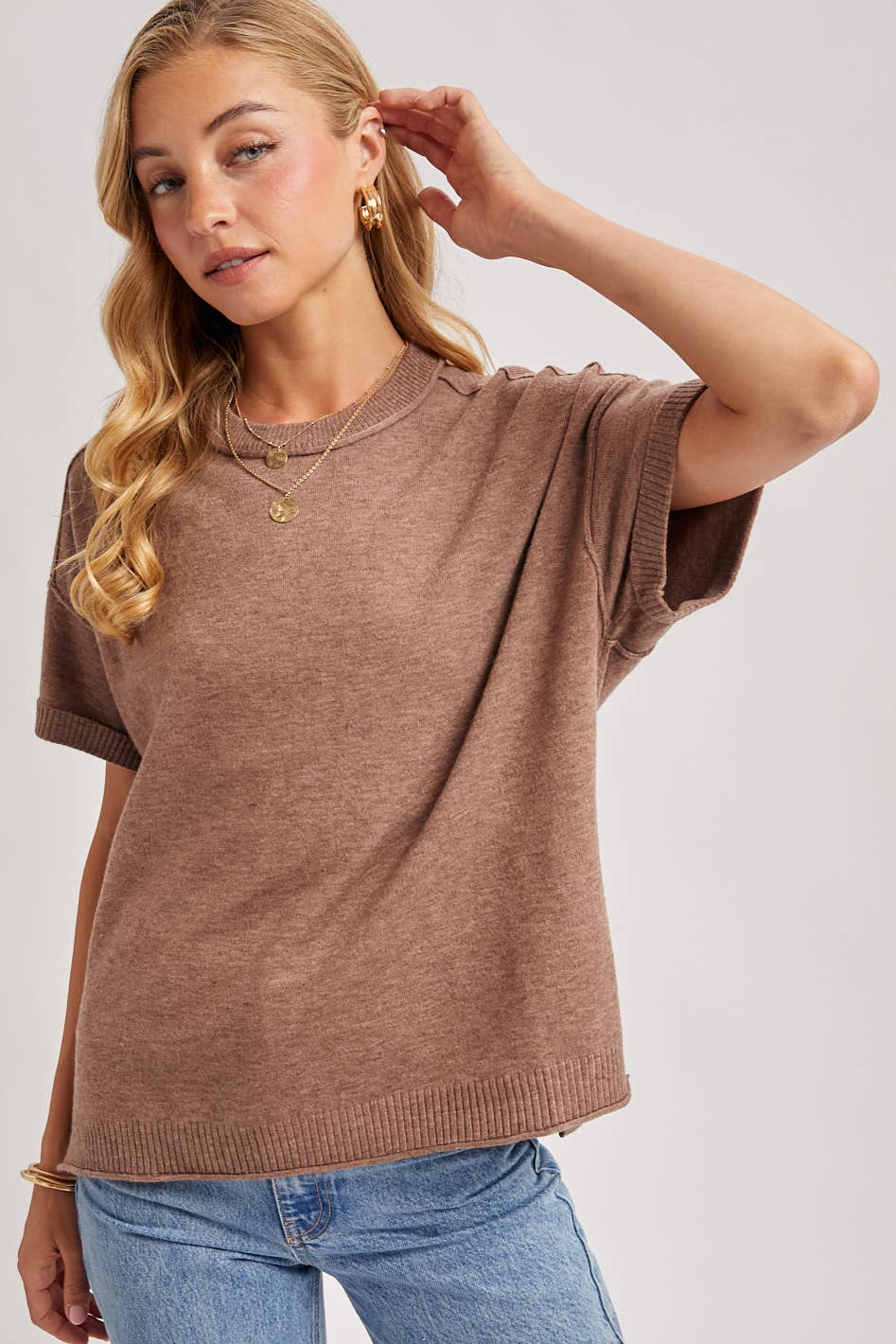 CREW NECK KNIT T-SHIRT Mocha or Cream
