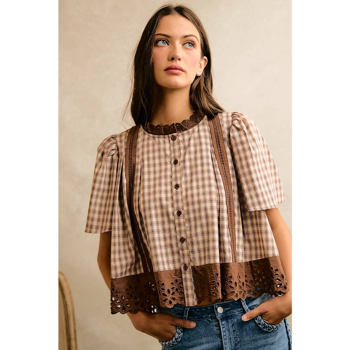 COTTON CHECK LACE TRIM FLUTTER SLEEVES BLOUSE TOP