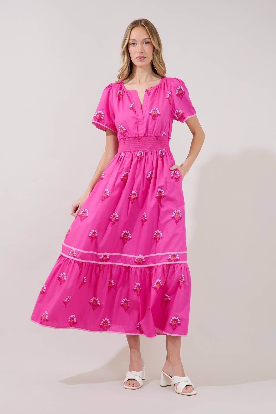 Pink Smocked Midi Dress Scarlett Floral