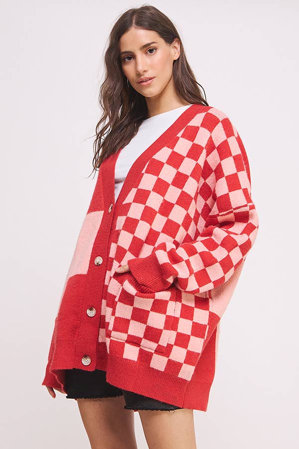 BUTTON DOWN LONG SLEEVE CHECKERED OVERSIZED CARDIGAN