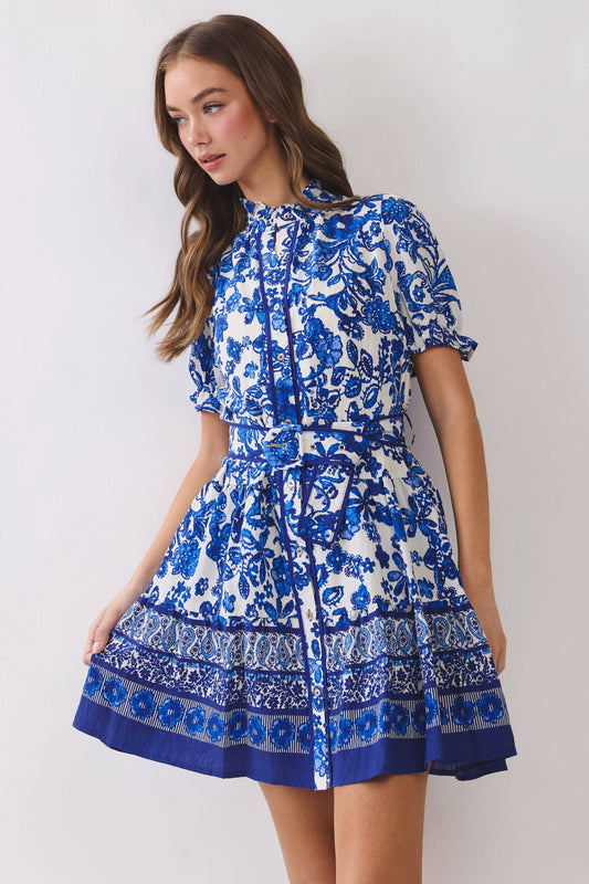 Blue Floral Print Removable Belted Dress