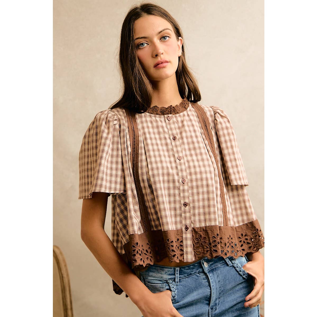 COTTON CHECK LACE TRIM FLUTTER SLEEVES BLOUSE TOP