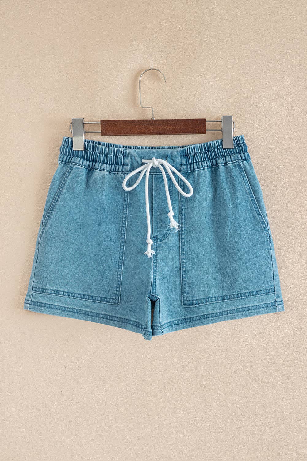 Beau Blue Contrast Drawstring Elastic Waistband Denim Shorts