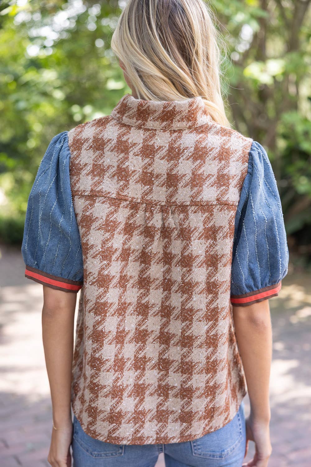 Denim Sleeve Houndstooth Tweed Top