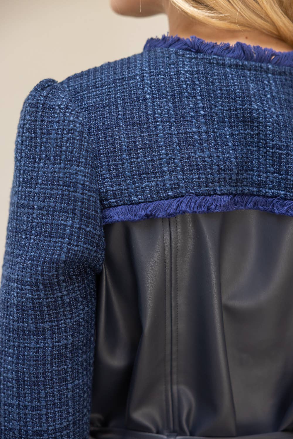 Belted Solid Tweed and Faux Leather Jacket