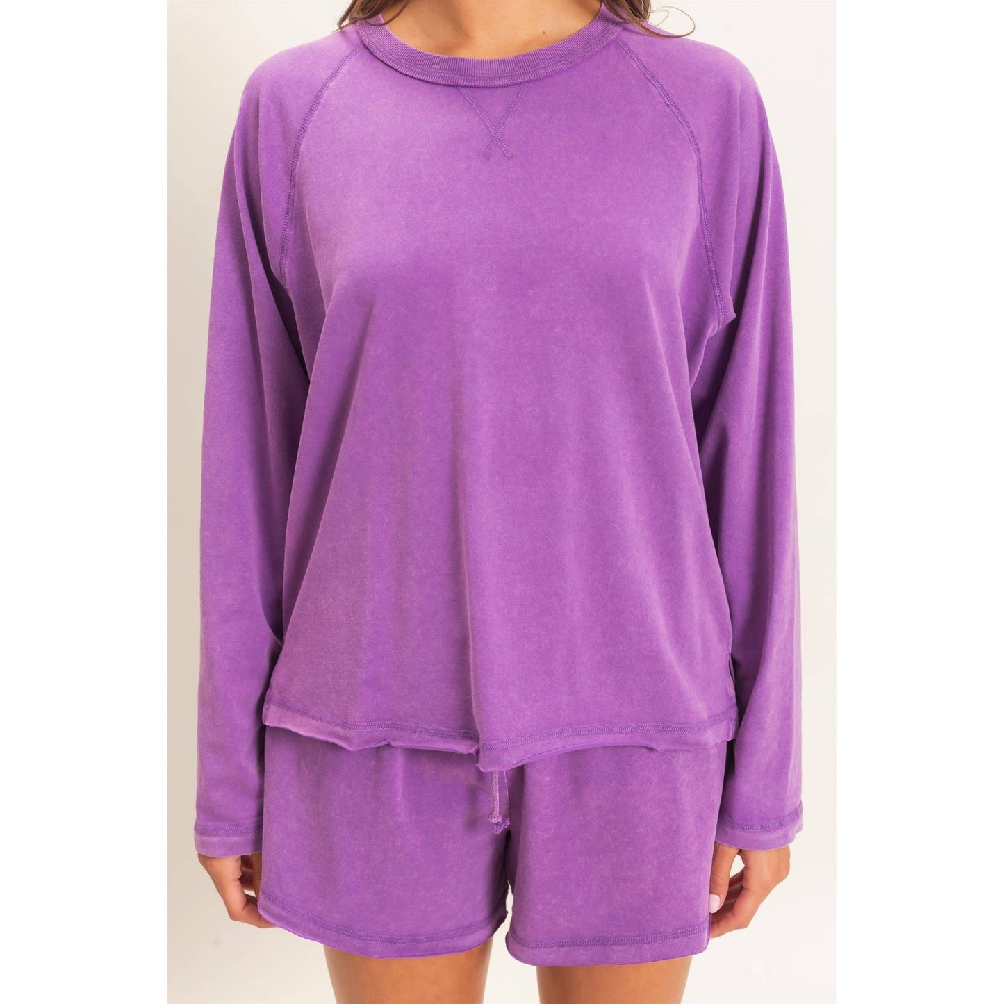 Mineral Wash Long Sleeve Raw Edge Top & Shorts Set