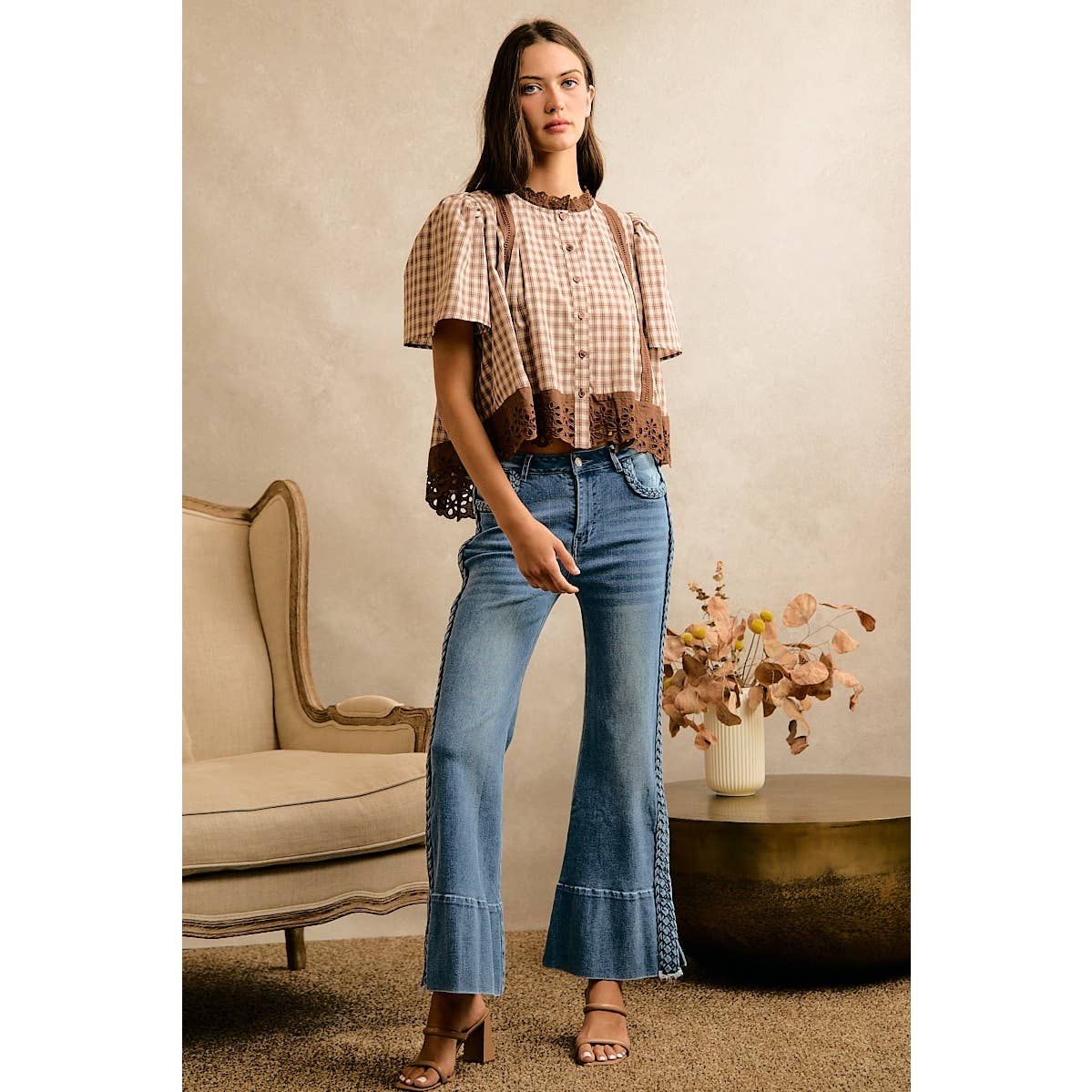 COTTON CHECK LACE TRIM FLUTTER SLEEVES BLOUSE TOP
