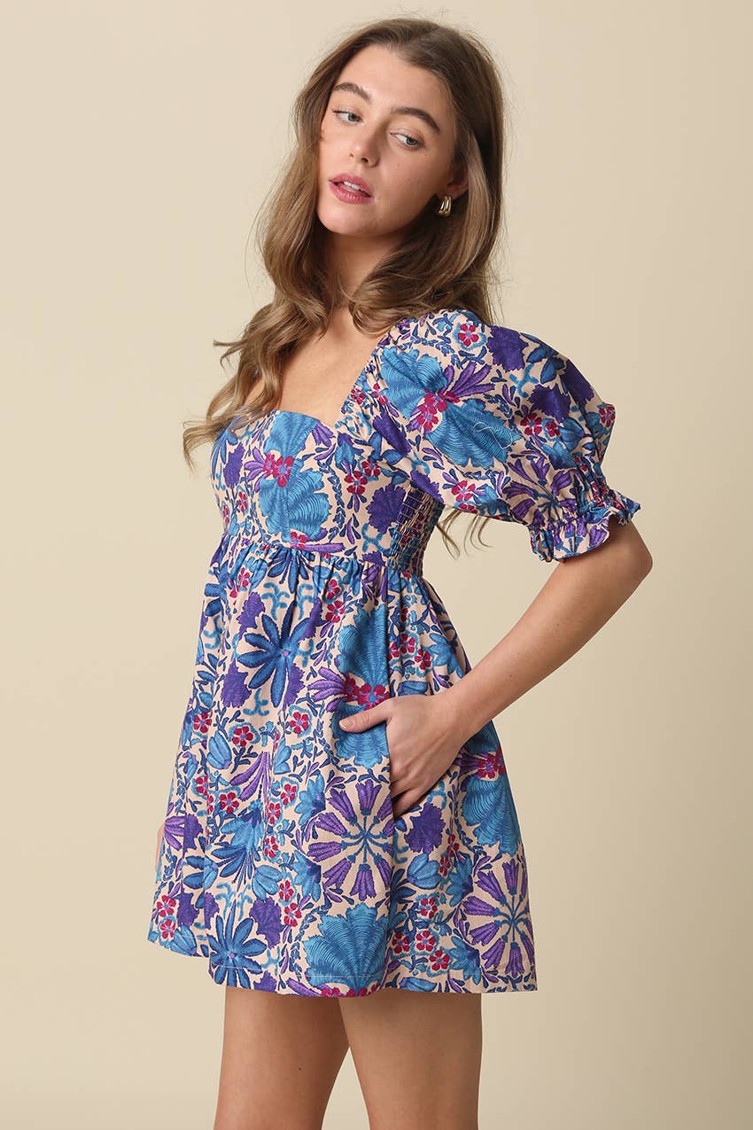 Kiley Indigo Garden Puff-Sleeve Romper
