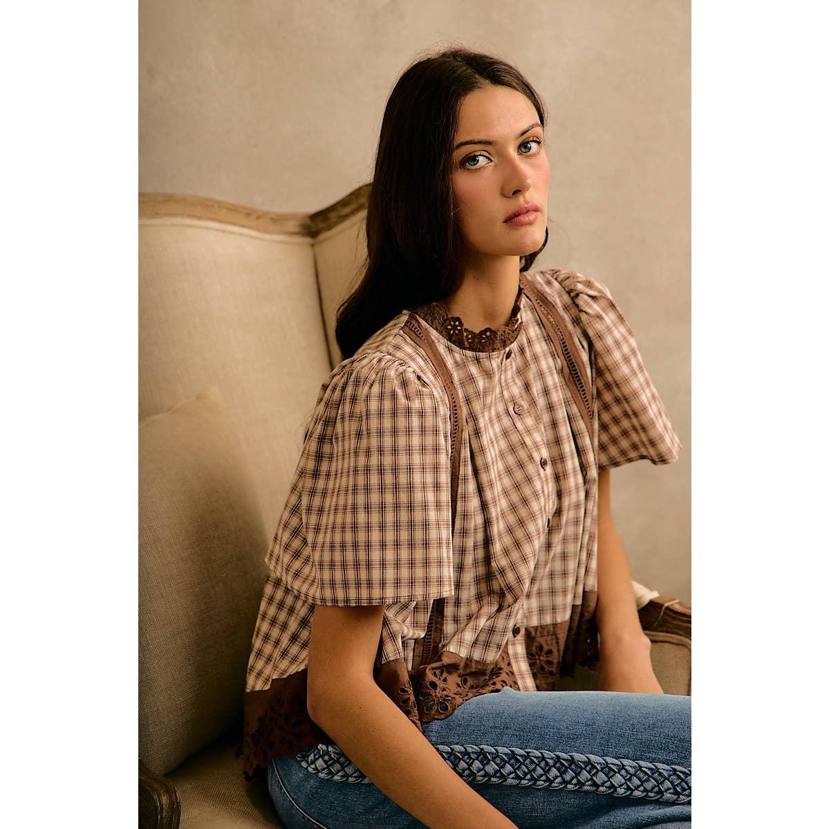 COTTON CHECK LACE TRIM FLUTTER SLEEVES BLOUSE TOP