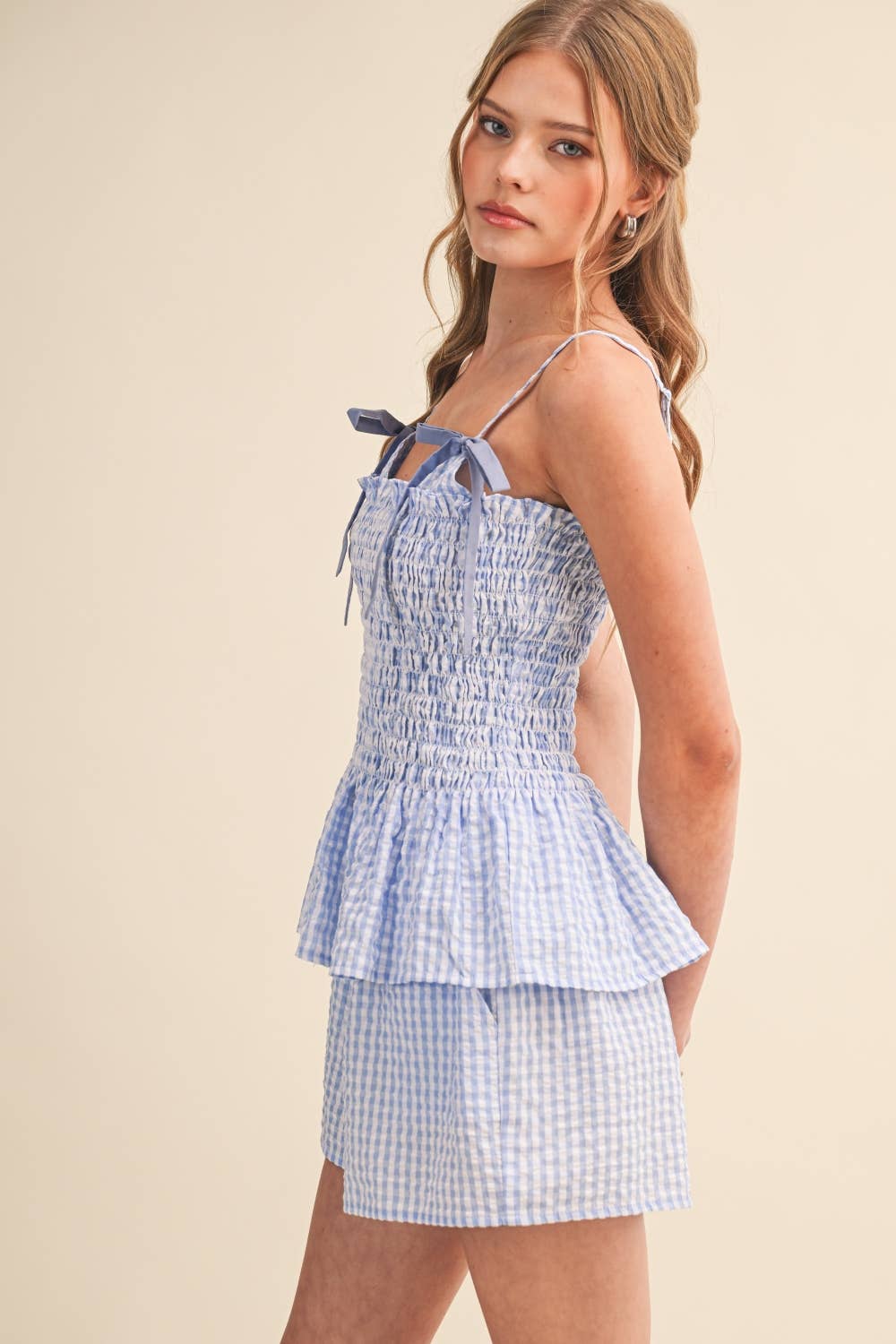 SMOCKED GINGHAM BOW CONTRAST CAMI TOP AND SHORTS SET
