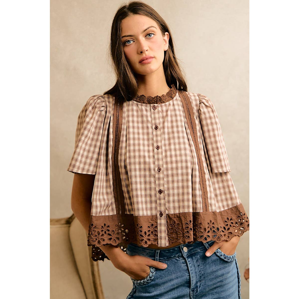 COTTON CHECK LACE TRIM FLUTTER SLEEVES BLOUSE TOP