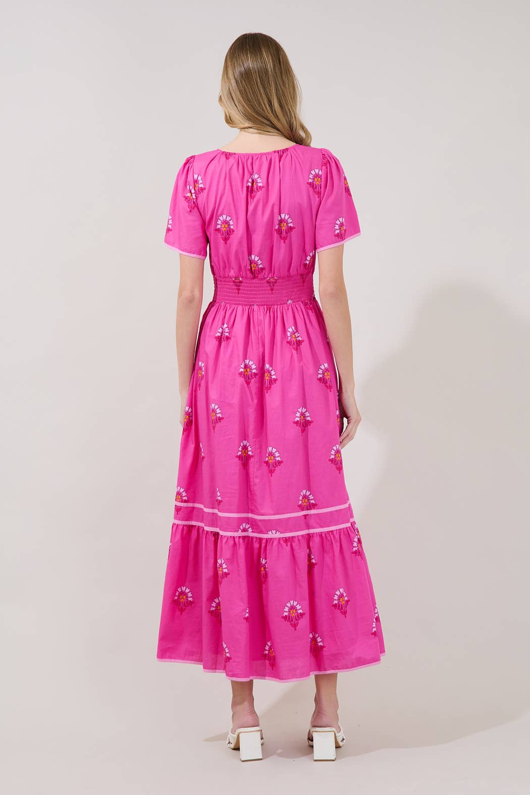 Pink Smocked Midi Dress Scarlett Floral