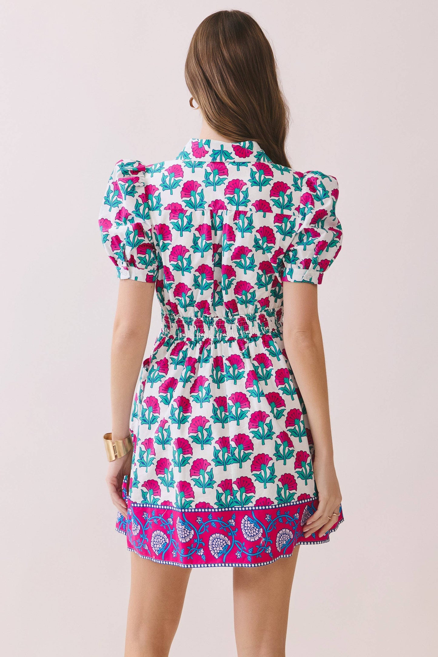 Floral Puff Sleeve Mini Dress With Border Hem