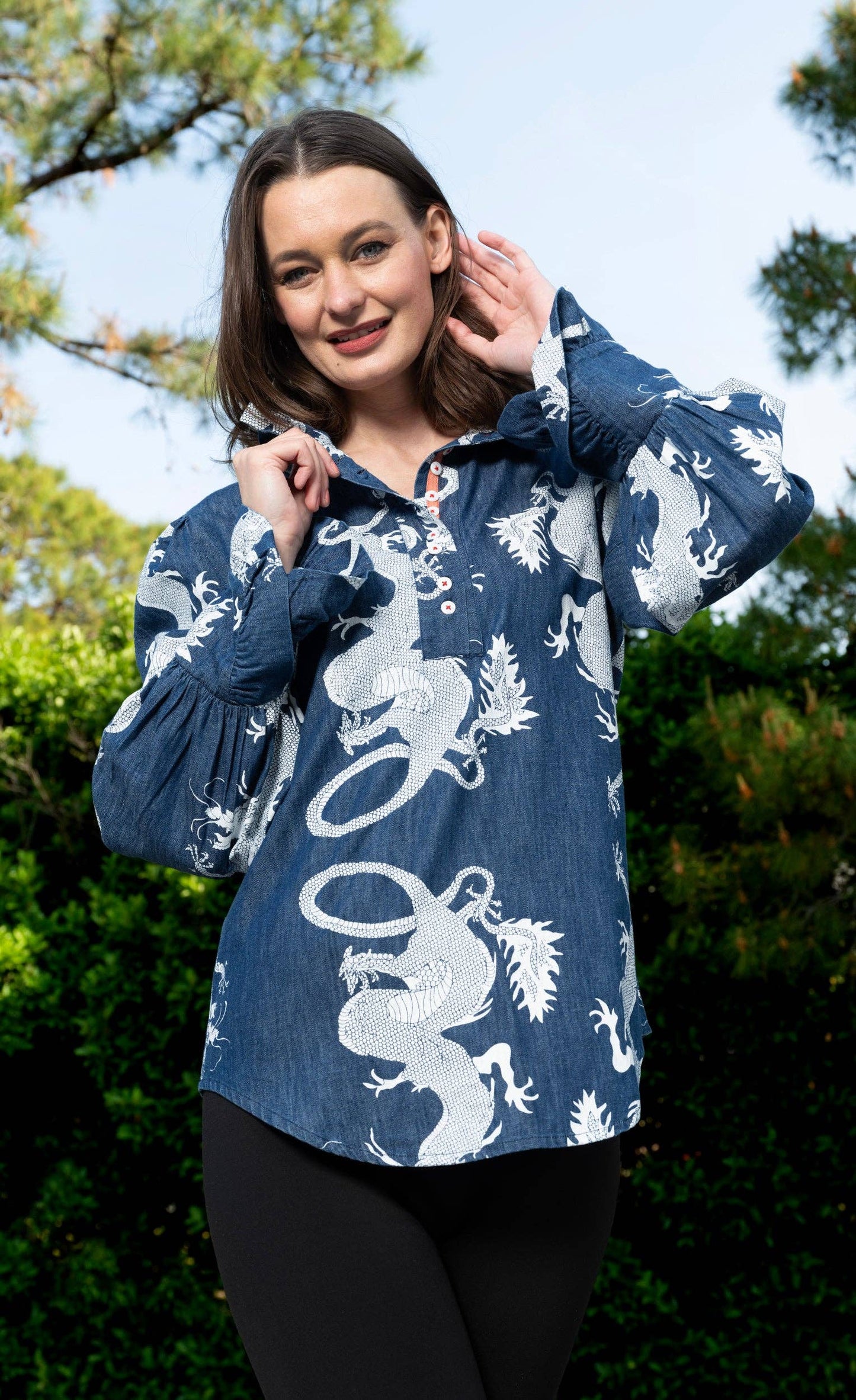 Denim Top with Ruffle Neck and Dragon Pattern
