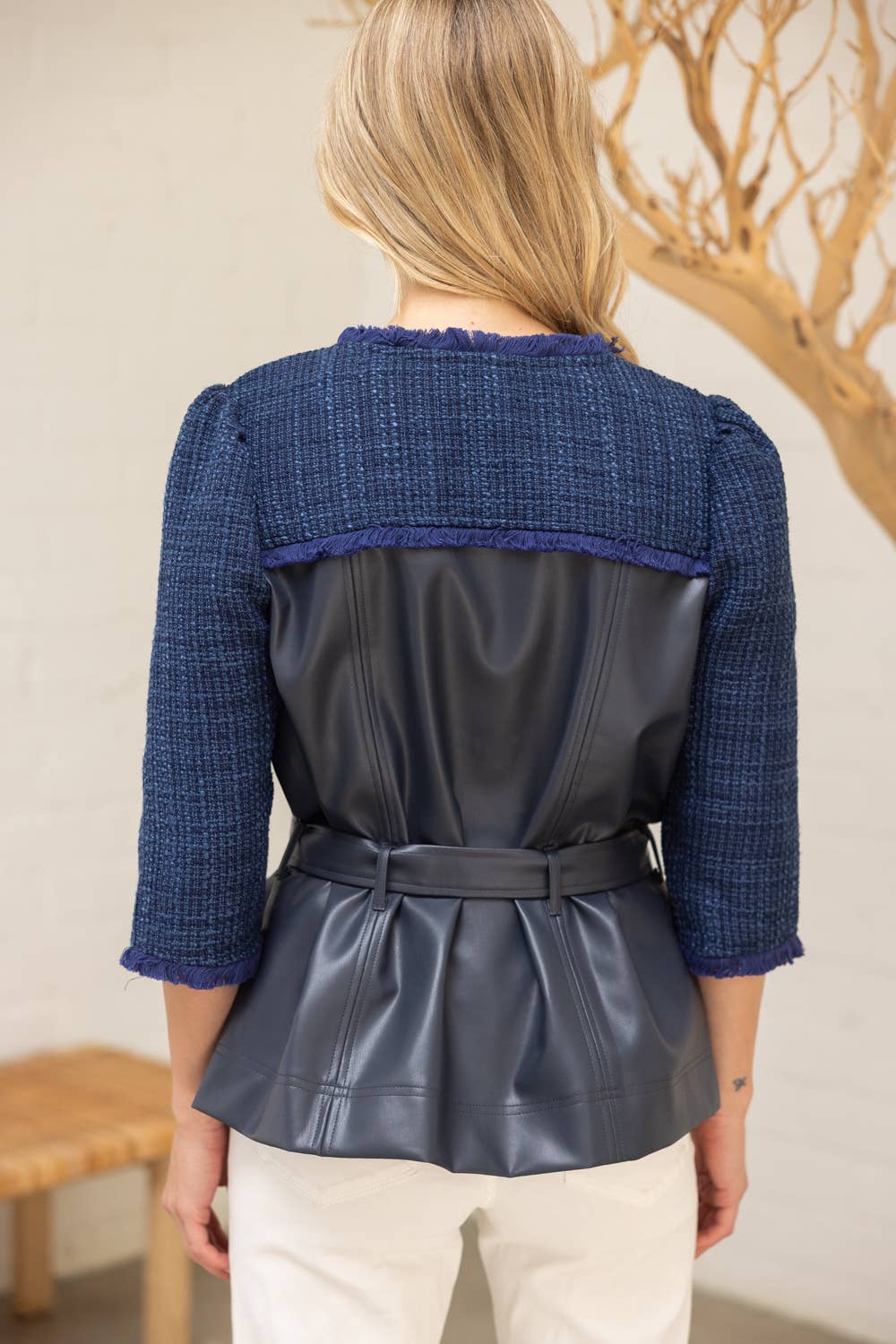 Belted Solid Tweed and Faux Leather Jacket