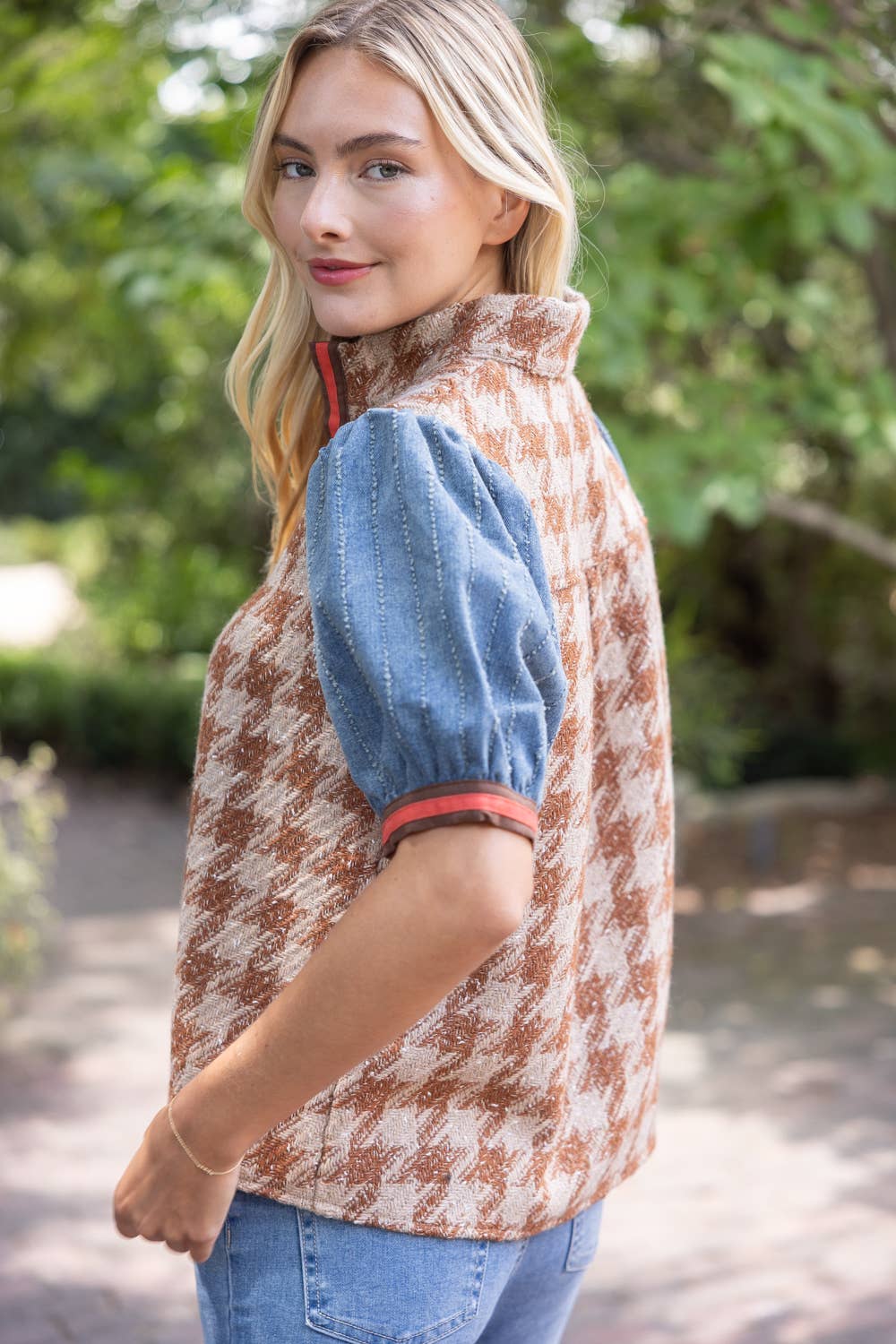 Denim Sleeve Houndstooth Tweed Top