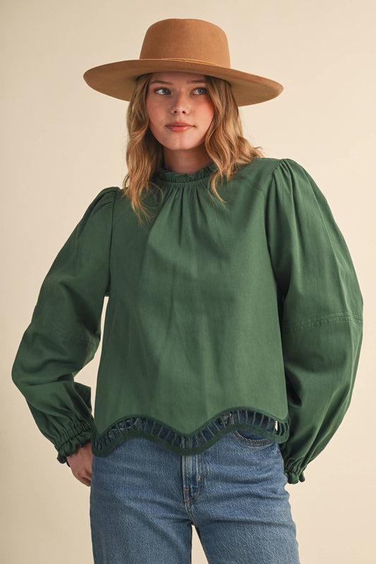 HUNTER GREEN EMBROIDERED CUT-OUT HEM LONG SLEEVE