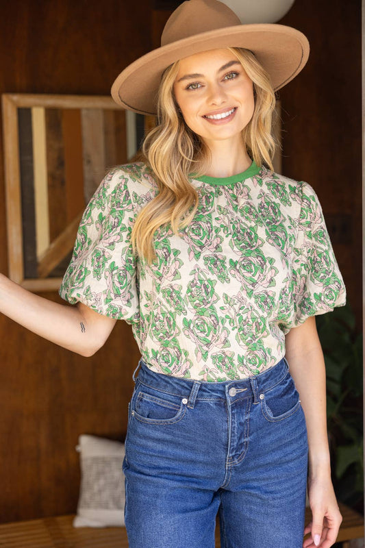 Short Bubble Sleeve Floral Knit Top