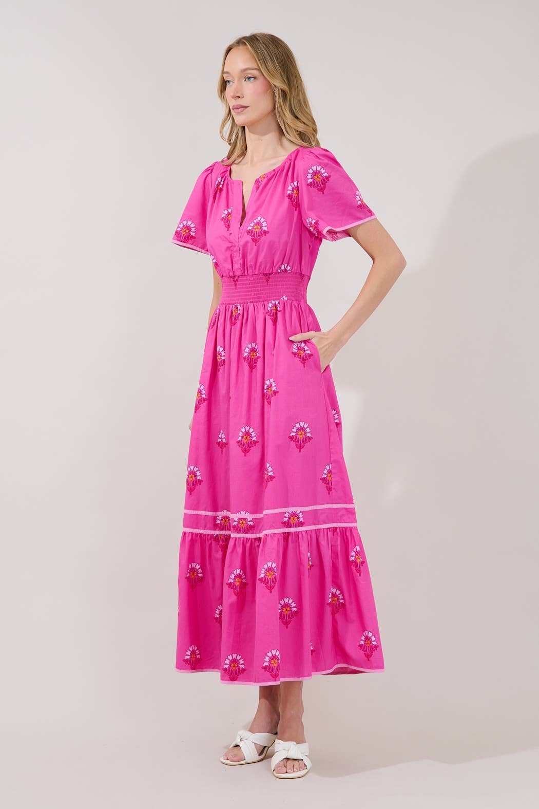 Pink Smocked Midi Dress Scarlett Floral