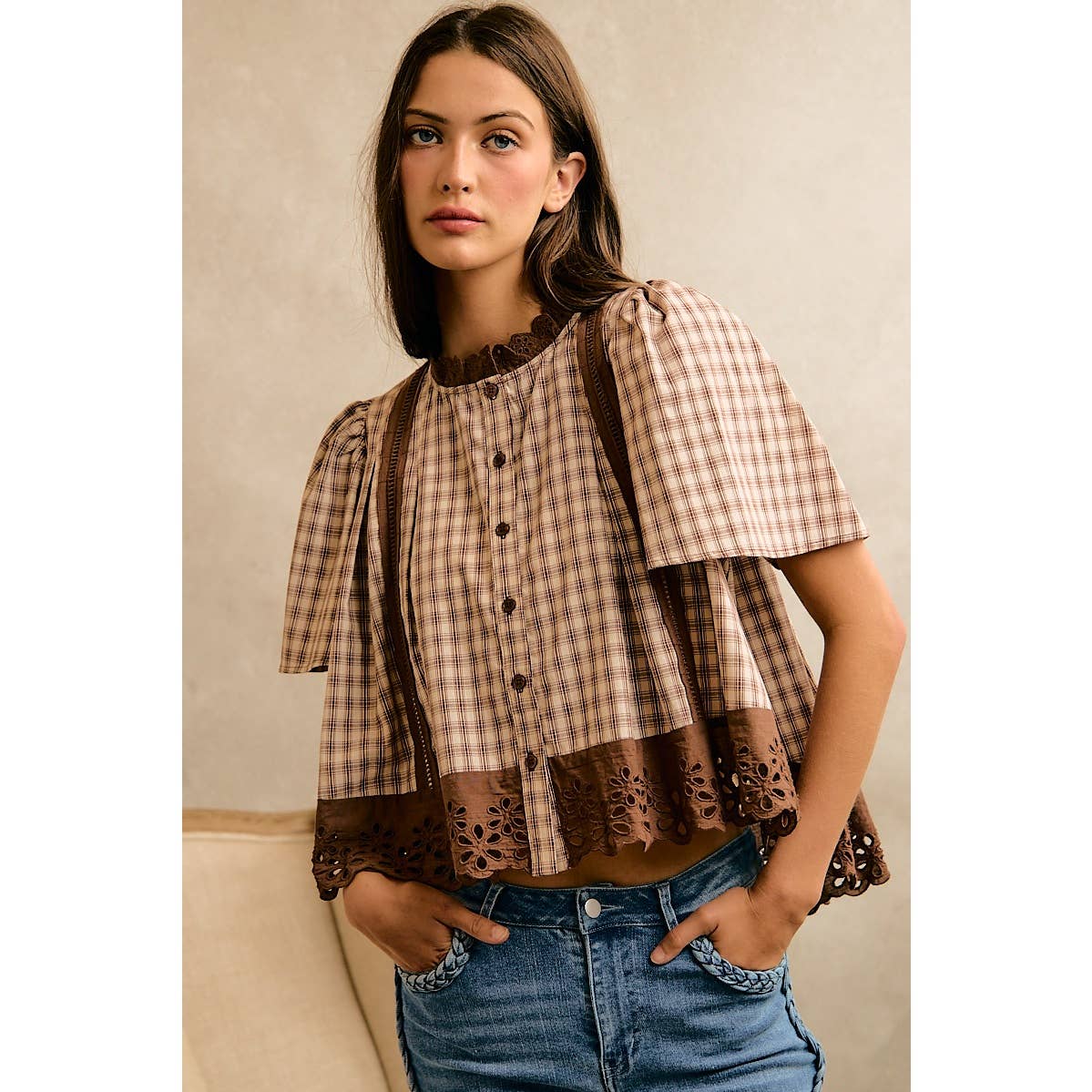 COTTON CHECK LACE TRIM FLUTTER SLEEVES BLOUSE TOP