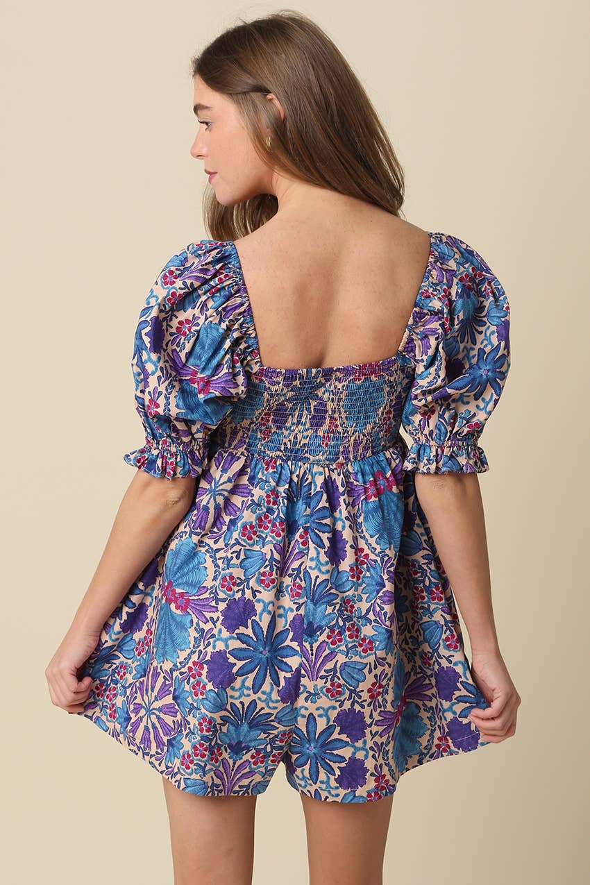 Kiley Indigo Garden Puff-Sleeve Romper