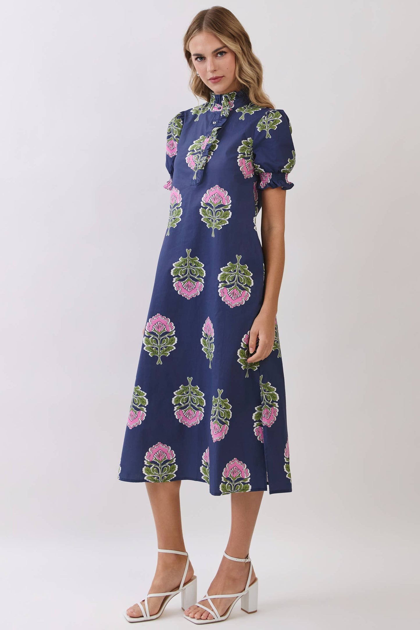 Navy Floral Print Midi Dress