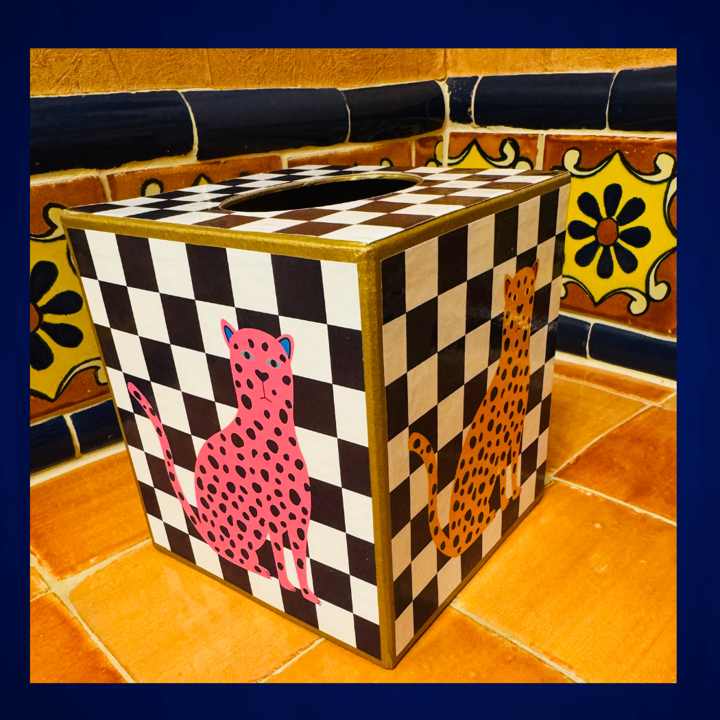 Kleenex Box, leopard with dots, pink and gold