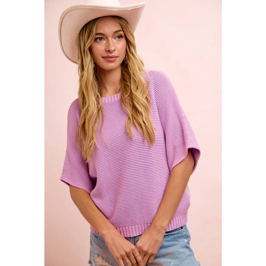 LAVENDER DOLMAN SLEEVES WASHED KNIT TOP