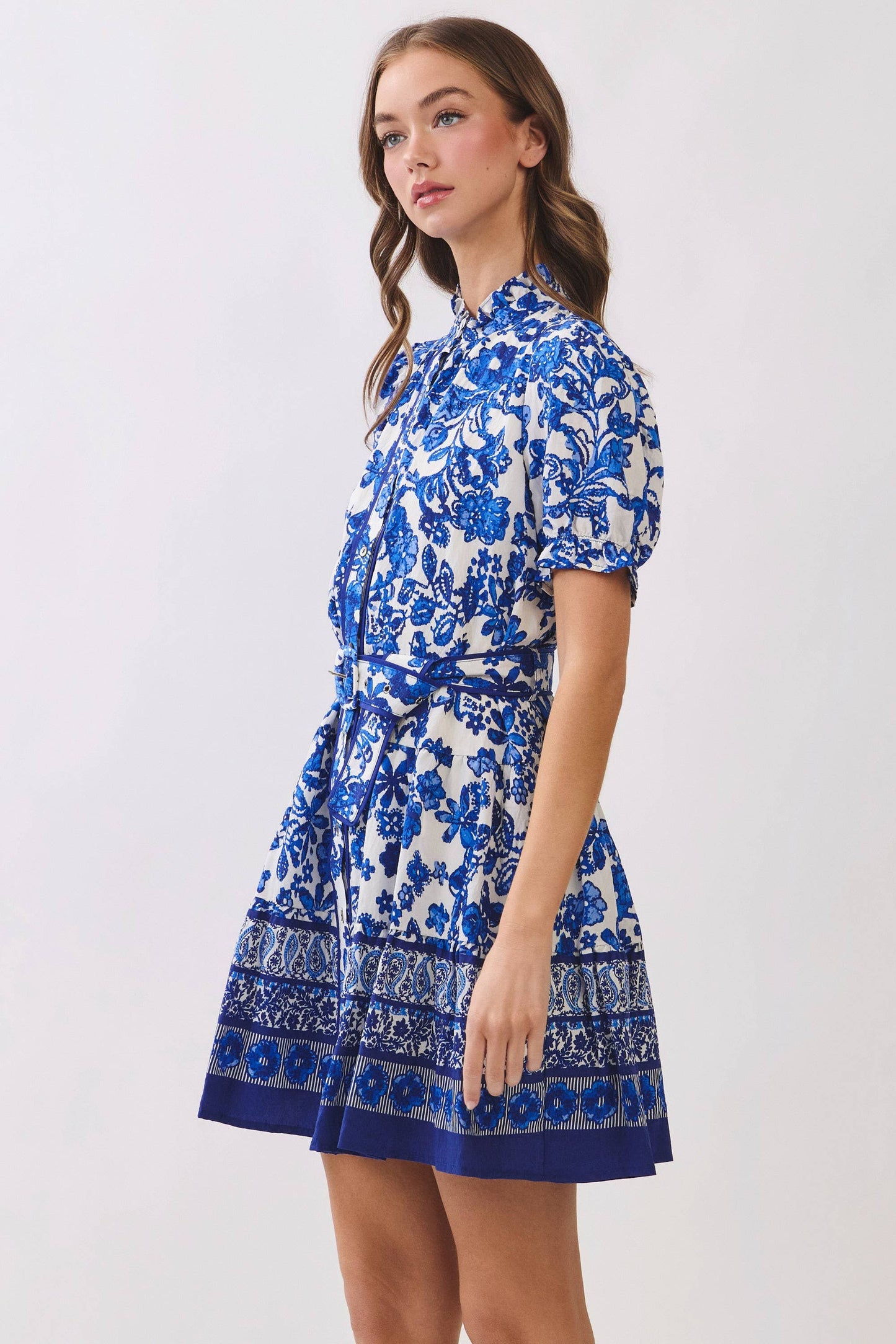 Blue Floral Print Removable Belted Dress