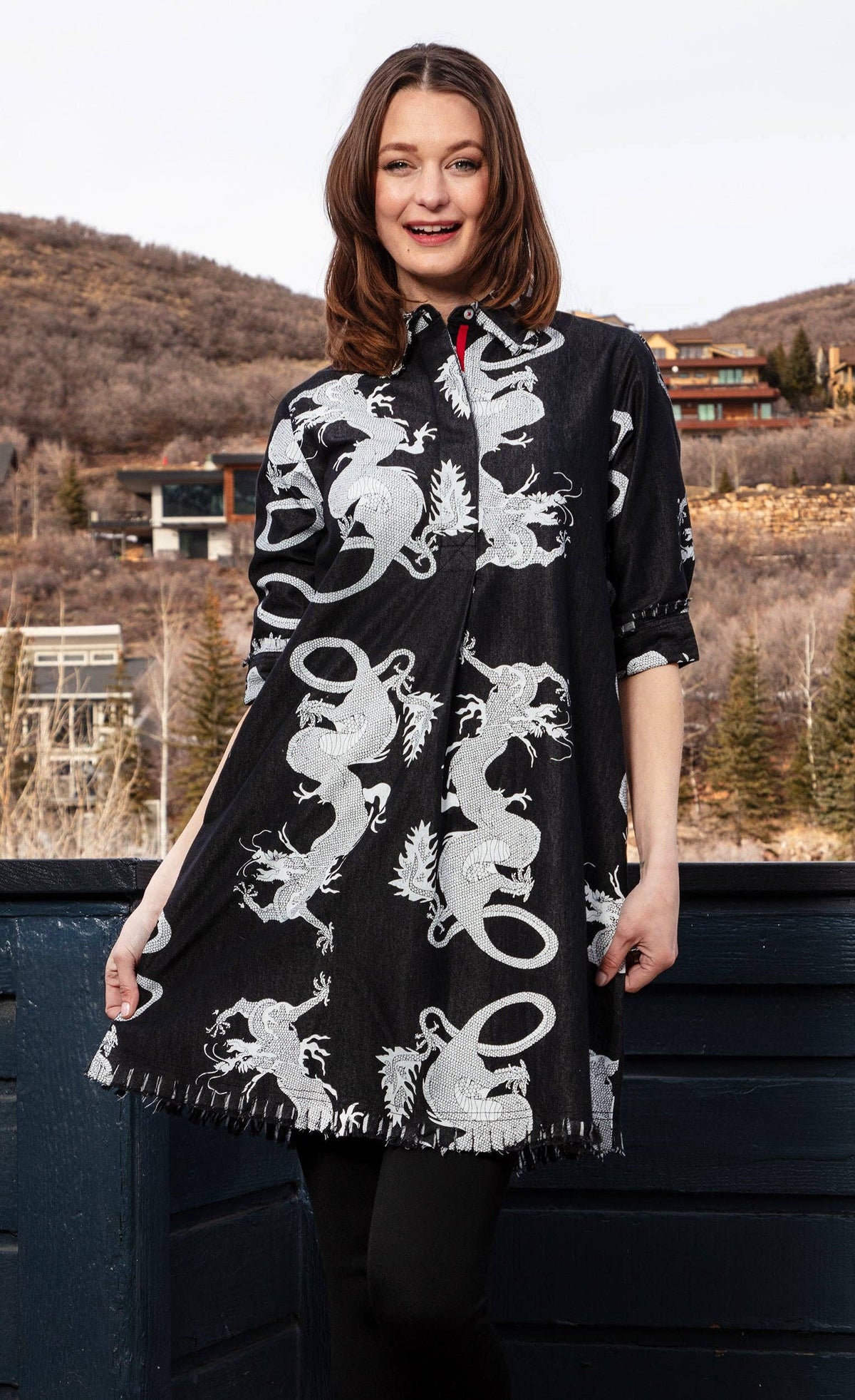 Chatham Dress Black Denim Dragons- Dizzy Lizzy