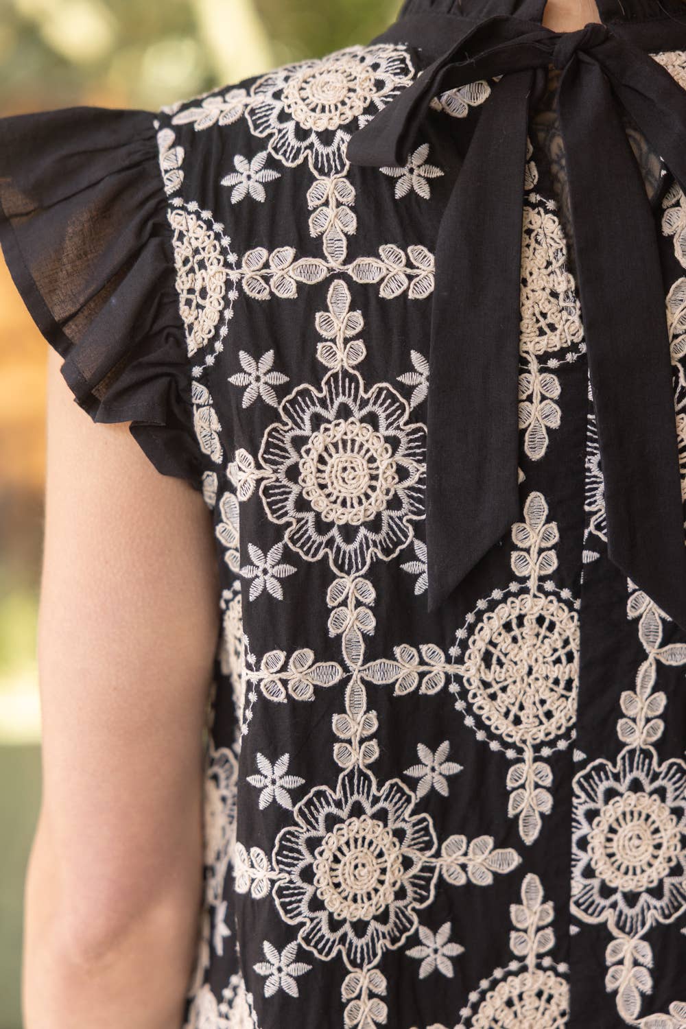 Geometric Black Dress with Tie neck detailing