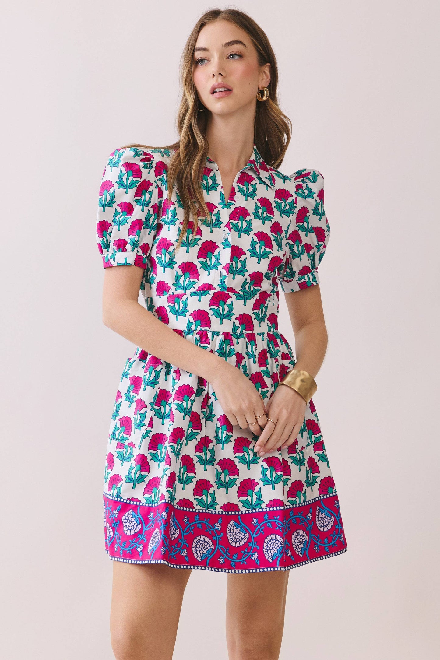 Floral Puff Sleeve Mini Dress With Border Hem