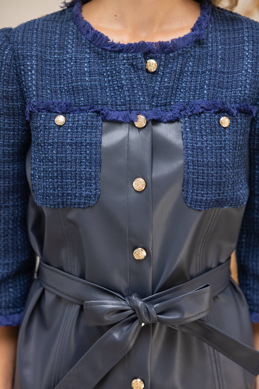 Belted Solid Tweed and Faux Leather Jacket