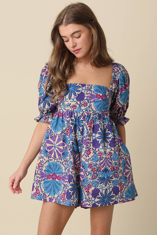 Kiley Indigo Garden Puff-Sleeve Romper