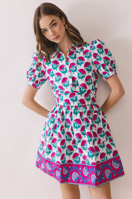 Floral Puff Sleeve Mini Dress With Border Hem