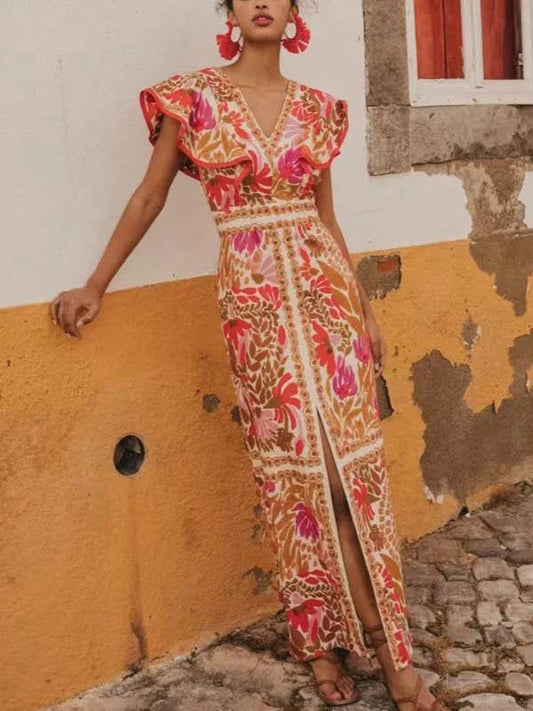 Stylish Ruffled Split Positional Print Backless Dress