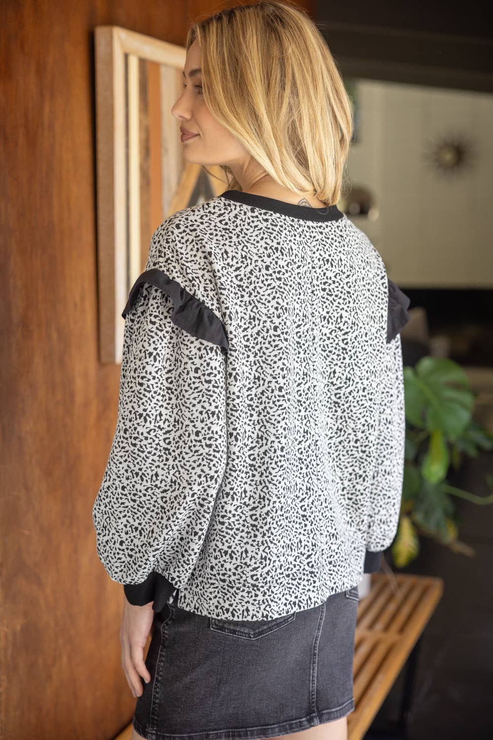 Leopard Ruffle Long Sleeve Knit Top