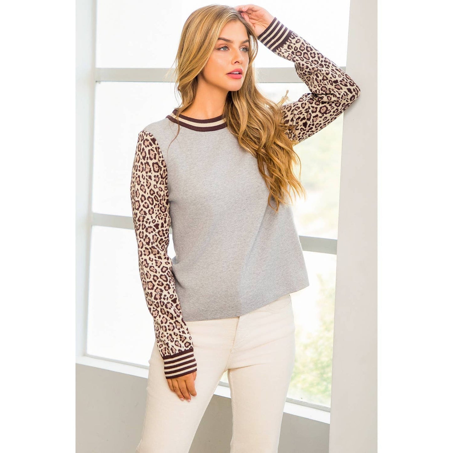Leopard Sleeve Knit Pullover
